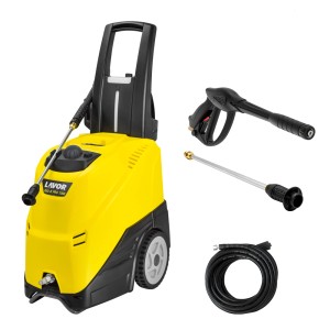 Żółta myjka ciśnieniowa z akcesoriami, takimi jak pistolet, lanca i wąż.