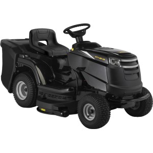 Czarny traktorek ogrodowy Alpina AT4 98 HA z koszem na trawę.