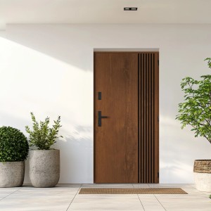 Nowoczesne drewniane drzwi wejściowe z czarnymi akcentami. Drzwi zewnętrzne do Twojego domu.