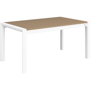 Prostokątny stół ogrodowy z białą ramą i brązowym blatem.