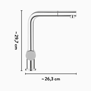 Bateria kuchenna baliv KI-1050 chrom, bateria jednouchwytowa z wyciąganą wylewką i wymiarami.