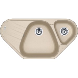 Beżowy zlewozmywak granitowy z ociekaczem i dwoma komorami.