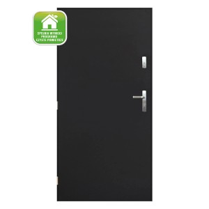 Czarne drzwi zewnętrzne z srebrną klamką i zamkiem.