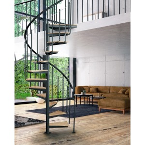 Czarne metalowe i drewniane schody spiralne do wnętrz.