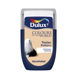 Tester koloru Dulux „Herbata imbirowa” do farb ściennych. Niebieski wałek z farbą.