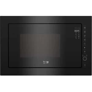 Czarna mikrofalówka do zabudowy Beko z wyświetlaczem cyfrowym.