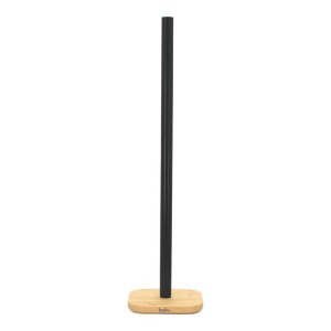 Zestaw akcesoriów łazienkowych t.b.t. z drewnianą podstawą i czarnym metalowym uchwytem.