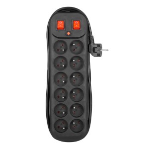 Czarna listwa zasilająca t.b.t. z 10 gniazdami i dwoma włącznikami.