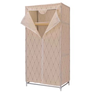Beżowa szafa materiałowa z zamkiem błyskawicznym i wzorem w romby do organizacji garderoby.