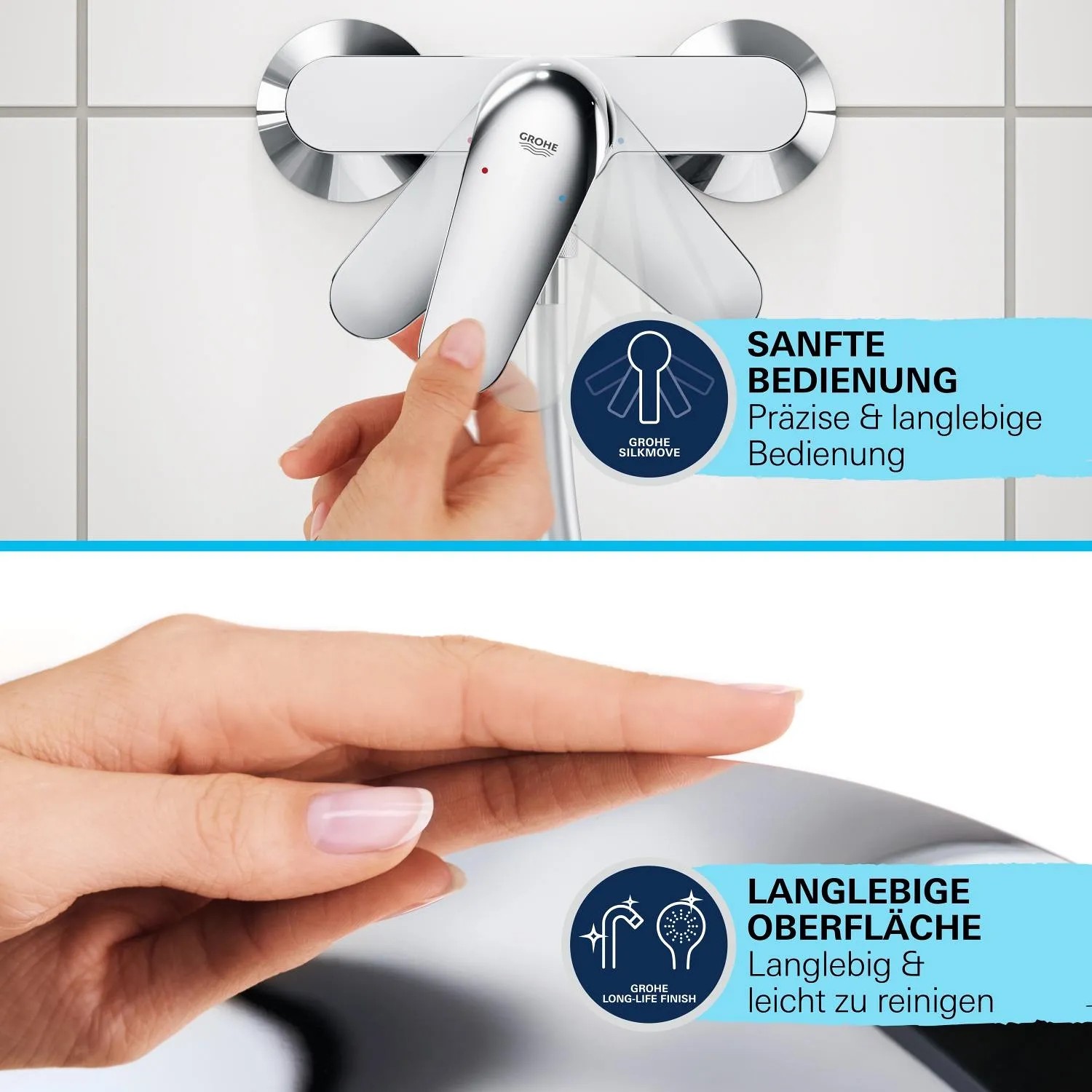 Grohe QuickFix Start bateria prysznicowa: Chromowana armatura z ręką na dźwigni, zbliżenie powierzchni.