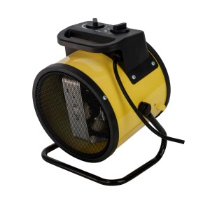 Żółty, okrągły grzejnik elektryczny z czarną kratką i elementami sterującymi.