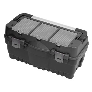 Czarna skrzynka narzędziowa z szarą pokrywą i trzema przegródkami.