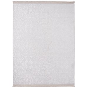 Biały dywan z krótkim włosiem i kwiatowym wzorem.