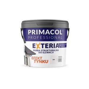 Wiadro farby fasadowej Primacol Exteria, farba strukturalna do ścian zewnętrznych.