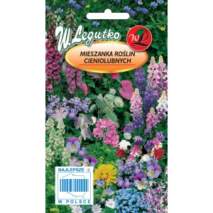 Opakowanie nasion mieszanki kwiatów cieniolubnych z kolorowymi kwiatami.