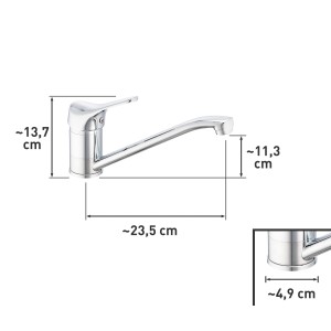 Ilustracja jednouchwytowej baterii z mieszaczem z wymiarami.