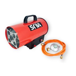 Czerwony nagrzewnica t.b.t. z przyłączem gazowym i uchwytem.