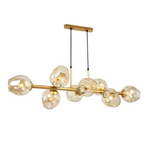 Złota lampa wisząca t.b.t. z bursztynowymi szklanymi kloszami.