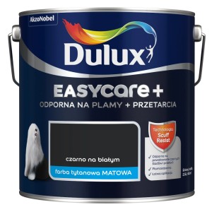 Ciemnoniebieska puszka farby do ścian Dulux Easycare+, kolor Czarny na białym, matowa farba tytanowa.
