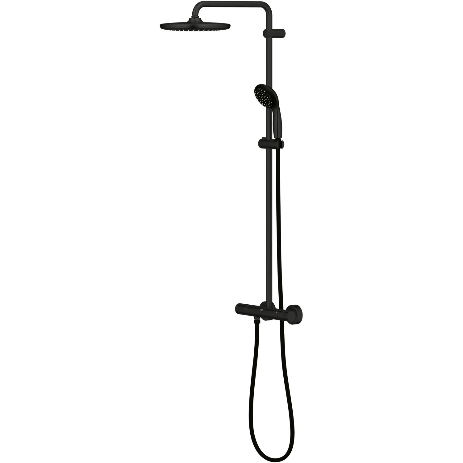Czarny system prysznicowy Grohe QuickFix Vitalio Start 250 z baterią termostatyczną.