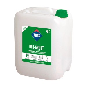 Kanister gruntu głębokopenetrującego Atlas Uni-Grunt, biała emulsja z zieloną nakrętką i etykietą.