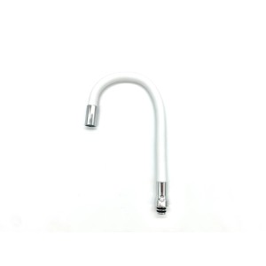 Biała, zakrzywiona wylewka do armatury, akcesorium do kuchni i łazienki.