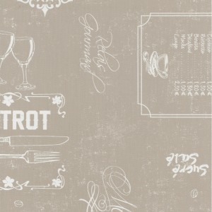 Beżowy obrus ze wzorem bistro: szklanki, sztućce, specjały kawowe. Artykuł dekoracyjny OBI.