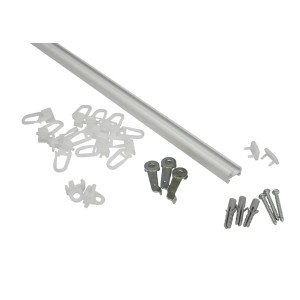 Szyna aluminiowa Gardinia, 250 cm, biała, z akcesoriami, takimi jak ślizgacze, wsporniki i śruby.