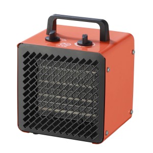 Pomarańczowy grzejnik elektryczny z czarną kratką i uchwytem. Elektryczne urządzenie grzewcze.