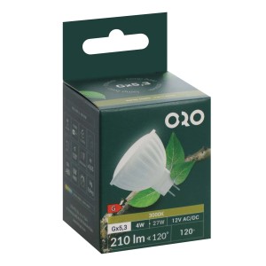 Opakowanie żarówki LED OZO GU5.3, 4W, 3000K, 210 lumenów, kąt świecenia 120°.