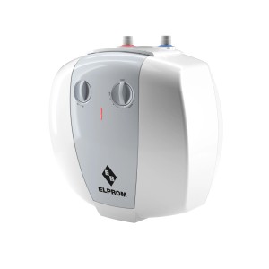 Biały bojler t.b.t. z dwoma pokrętłami i wskaźnikiem temperatury.