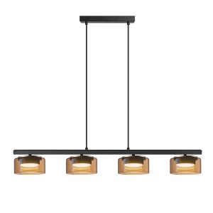 Nowoczesna lampa wisząca t.b.t. z czterema bursztynowymi szklanymi kloszami i czarną ramą.