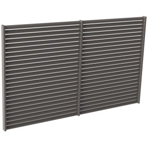 Panel ogrodzeniowy metalowy t.b.t. w kolorze szarym z poziomymi lamelami.