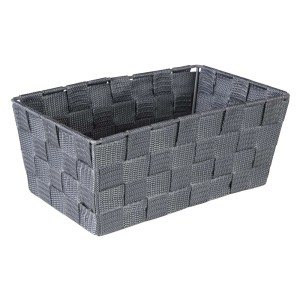 Szary, prostokątny koszyk t.b.t. z plecionego materiału na akcesoria łazienkowe.