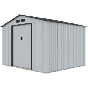 Szary metalowy domek narzędziowy t.b.t. z podwójnymi drzwiami i czarnym dachem.