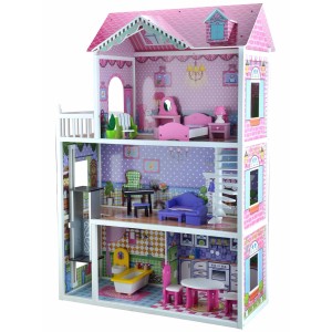 Trzypiętrowy domek dla lalek z meblami i akcesoriami dla dzieci.