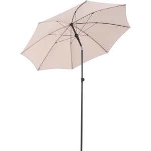 Beżowy parasol ogrodowy, Ø 200 cm, z mechanizmem push-up na balkon lub do ogrodu.