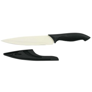 Nóż kuchenny t.b.t. z białym ostrzem i czarną rękojeścią, z osłoną na ostrze.