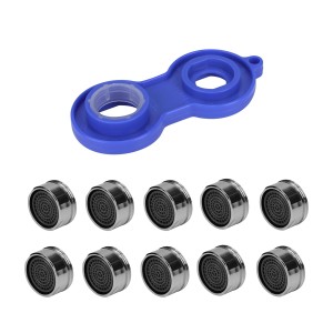 Zestaw 10 dysz mieszających z niebieskim kluczem montażowym do kranów.