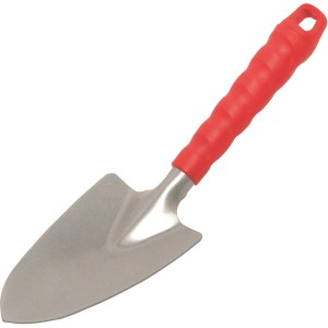 Stalowa kielnia do kwiatów z czerwonym plastikowym uchwytem i pętlą do zawieszania do prac ogrodowych.