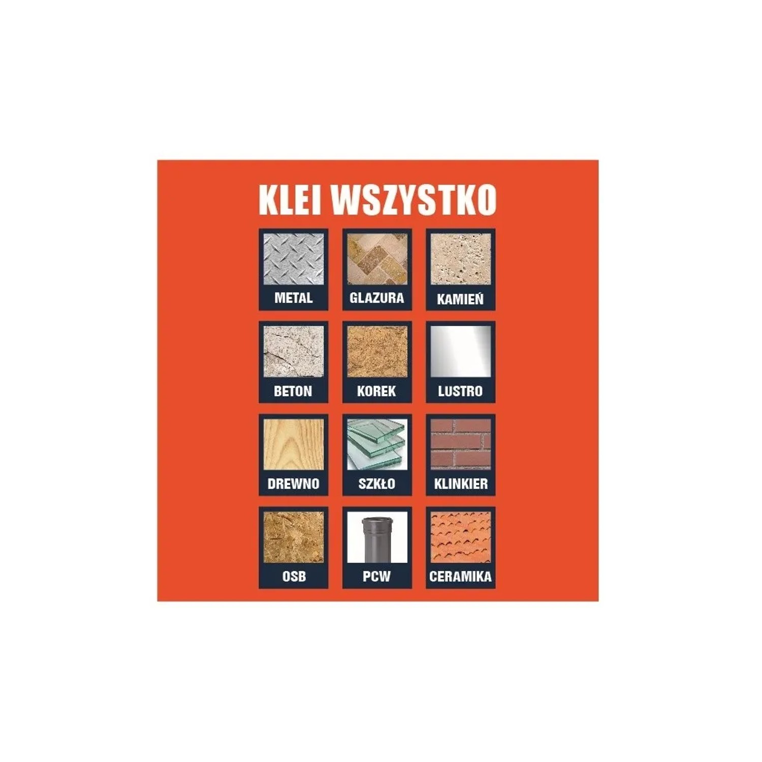 Obszary zastosowania kleju uniwersalnego: metal, szkło, kamień, beton, korek, lustro, drewno, plastik, ceramika i inne.