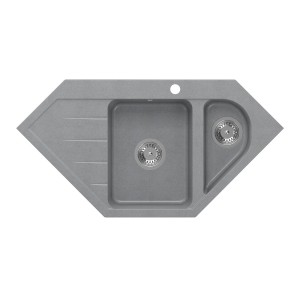 Szary narożny zlewozmywak granitowy t.b.t. z ociekaczem i dwoma komorami.