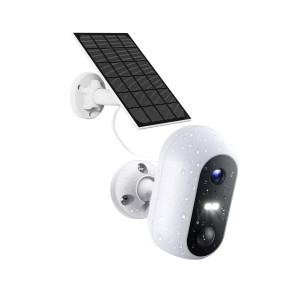 Biała kamera bezpieczeństwa zewnętrznego z panelem słonecznym. Łatwe monitorowanie.