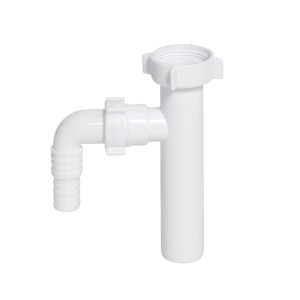 Biały plastikowy syfon do akcesoriów wannowych.