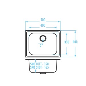 Rysunek techniczny zlewozmywaka ze stali nierdzewnej z wymiarami.