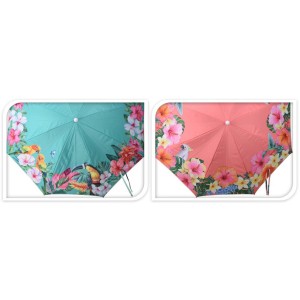 Parasole na wysięgniku t.b.t. z motywem kwiatowym i ptasim w kolorze zielonym i różowym.