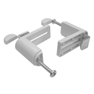 Białe uchwyty zaciskowe do montażu rolet bez wiercenia.