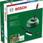 Zestaw akcesoriów Bosch Home and Car do myjek ciśnieniowych w zielonym opakowaniu z myjką do tarasów i szczotką.