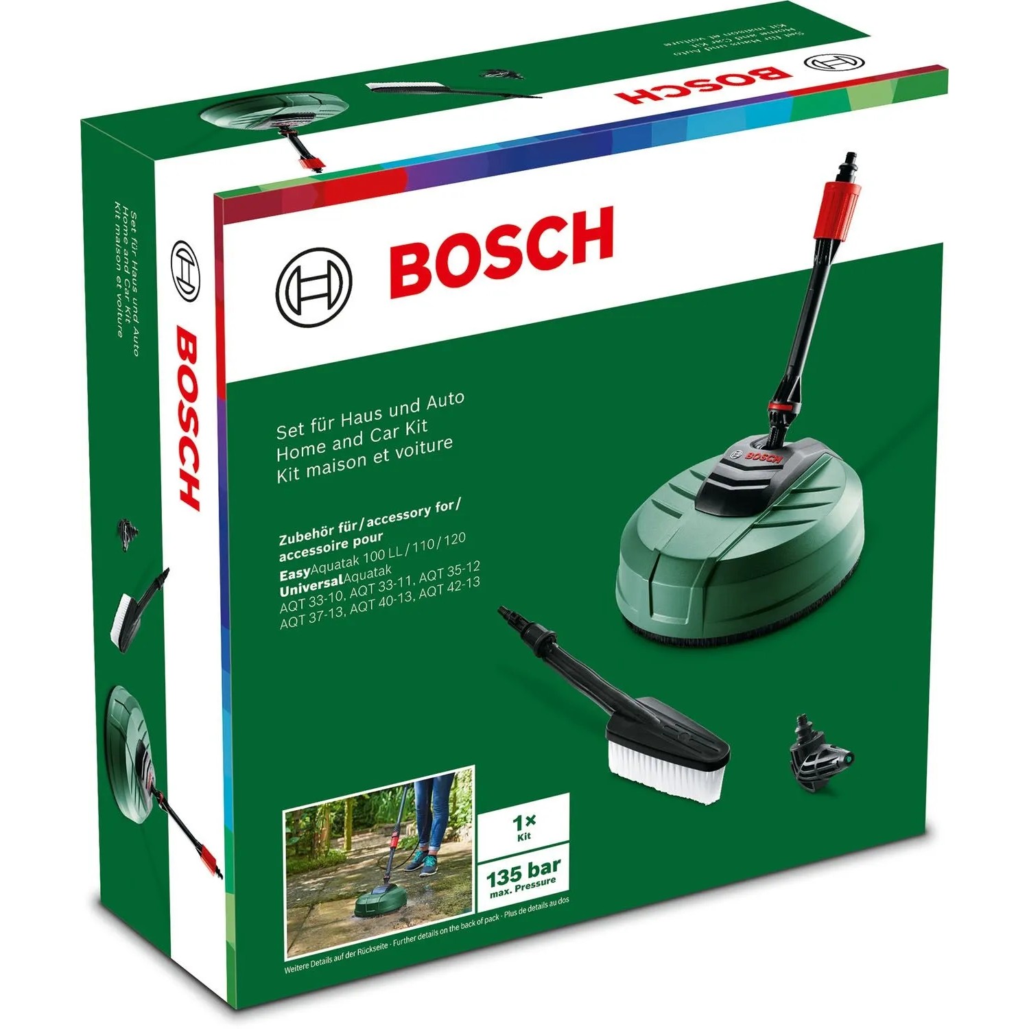 Zestaw akcesoriów Bosch Home and Car do myjek ciśnieniowych w zielonym opakowaniu z myjką do tarasów i szczotką.