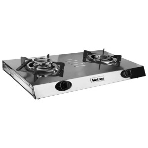 Kompaktowa, srebrna kuchenka gazowa z dwoma palnikami marki Metrox.